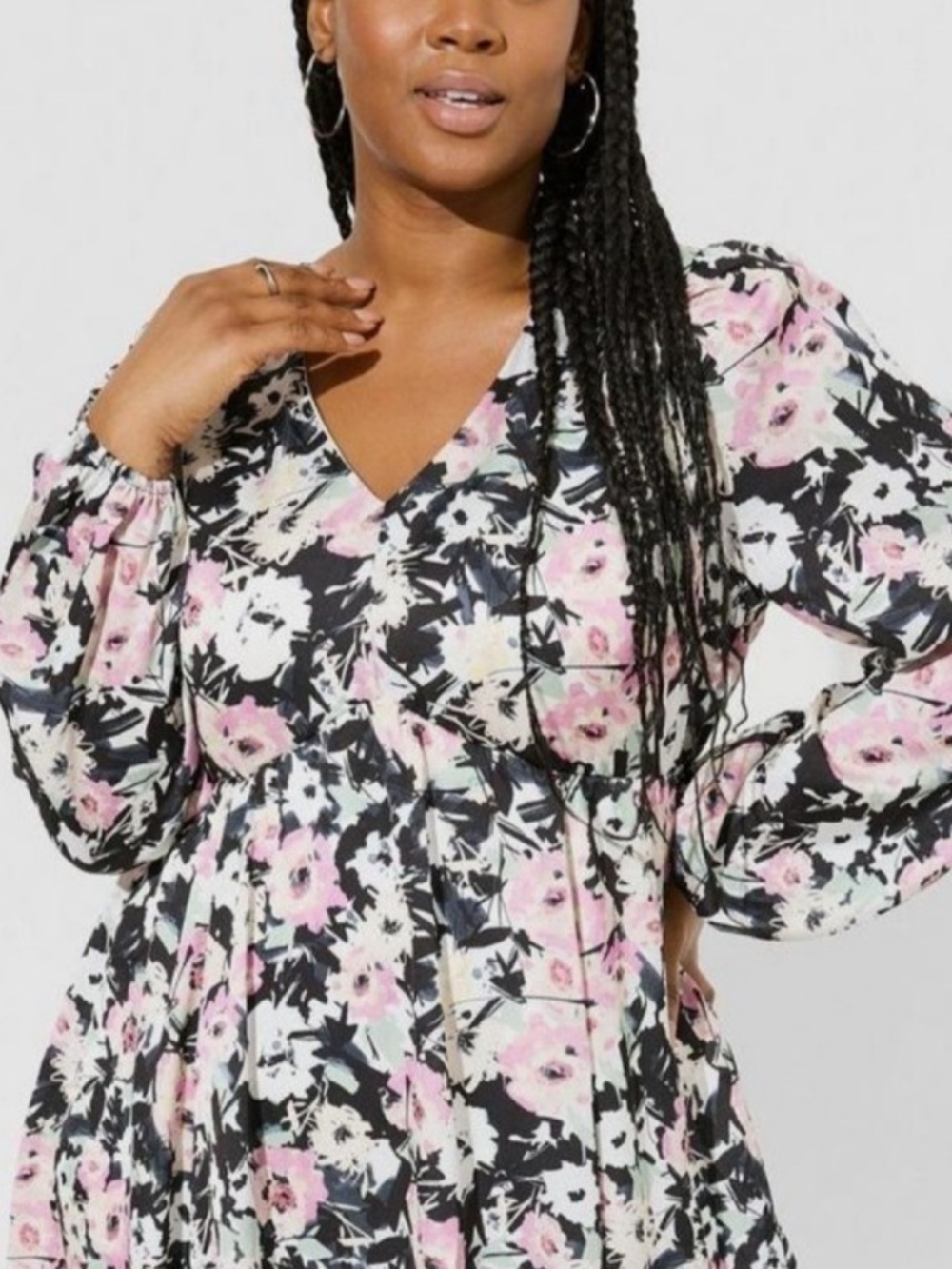 Floral V-Neck Mini Babydoll Empire Bubble Dress - Picture 6 of 6